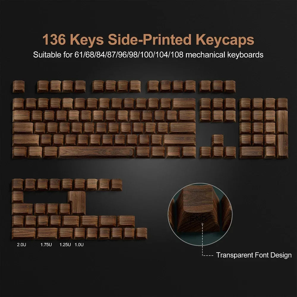 Cherry profile 136-key side-printed wood grain keycap set layout diagram for 61 to 108 key mechanical keyboards with transparent font design