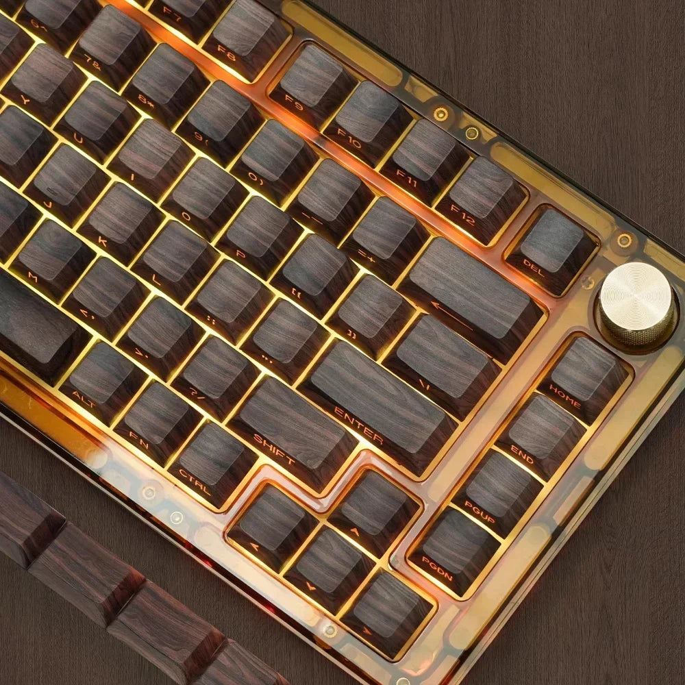 Cherry profile 136-key side-printed wood grain keycap set installed on a mechanical keyboard with transparent case and RGB lighting
